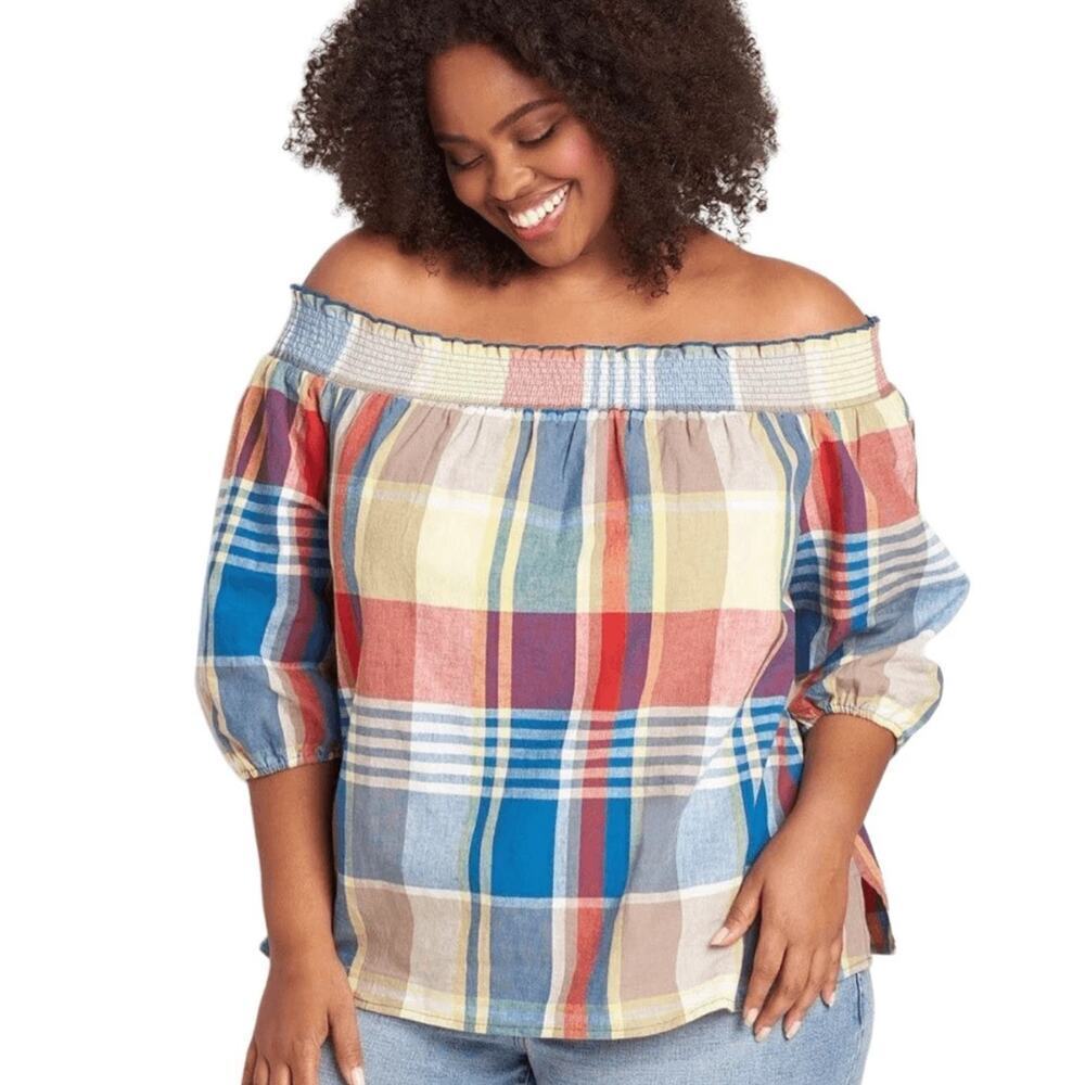 Lane Bryant NWT‎ Off Shoulder Madras Plaid Linen Blend Top 18/20P (Plus Petite)